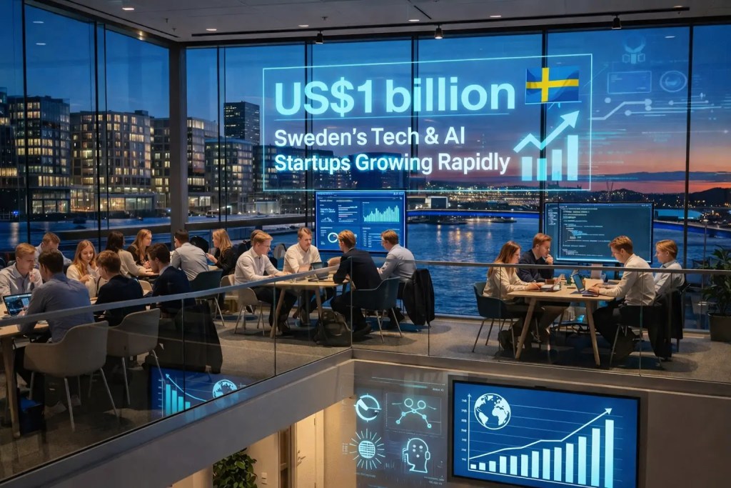Büro mit arbeitenden Personen. Ein Hologramm zeigt: US$1 billion Sweden's Tech & AI Startups Growing Rapidly