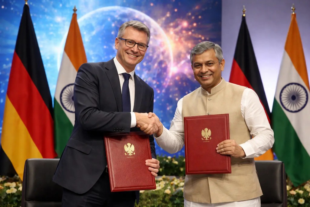 Zwei Minister schütteln sich mit Vertragsmappen die Hände. Im Hintergrund stehen die Flaggen von Deutschland und Indien