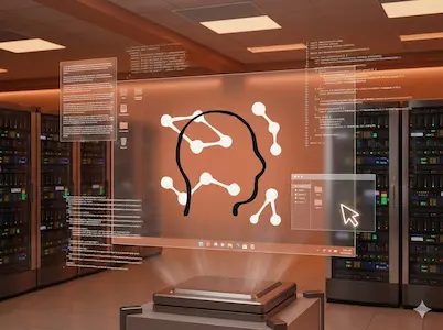 Serverraum mit holografischer Anzeige eines KI-Kopf-Symbols und eingeblendeten Codefenstern.