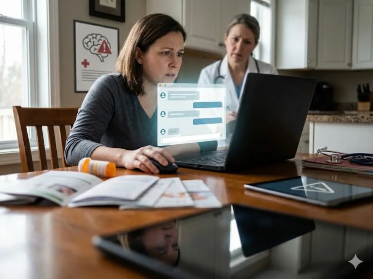 Besorgte Frau am Laptop mit Chat-Hologramm. Im Hintergrund eine Ärztin. Auf dem Tisch liegen Medikamente und Unterlagen