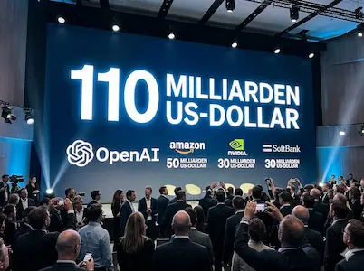 Bühne mit großer Anzeige „110 Milliarden US-Dollar“, OpenAI-Logo und Investorenangaben vor Publikum.