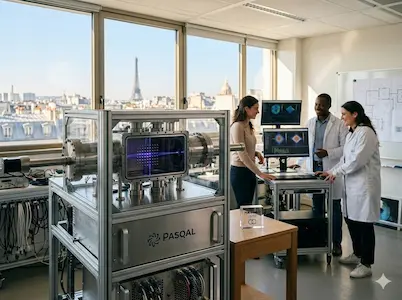 Quantencomputing-Labor mit Pasqal-Rechner, drei Forschenden und Monitoren; durch Fenster Blick auf den Eiffelturm.