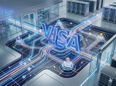 Futuristische Serverumgebung mit leuchtendem Visa-Logo und digitalen Datenströmen.