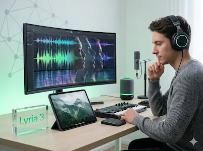 Mann mit Kopfhörern vor Monitor mit Audiowellen, Mikrofon und MIDI-Keyboard; Schild „Lyria 3“ auf dem Tisch.