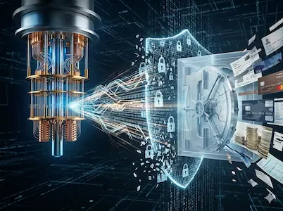 Quantencomputer durchbricht digitale Verschlüsselung und einen Tresor, sensible Daten wie Kreditkarten und Dokumente werden gestohlen