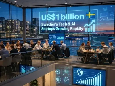 Büro mit arbeitenden Personen. Ein Hologramm zeigt: US$1 billion Sweden's Tech & AI Startups Growing Rapidly