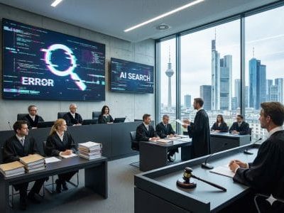 Gerichtssaal mit Richterbank und Anwälten; Bildschirme zeigen „AI Search“ und eine Fehlermeldung.