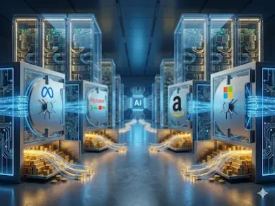 Illustration von Servern als Tresore mit Logos von Meta, Alphabet, Amazon und Microsoft, die Gold und Daten ausgeben