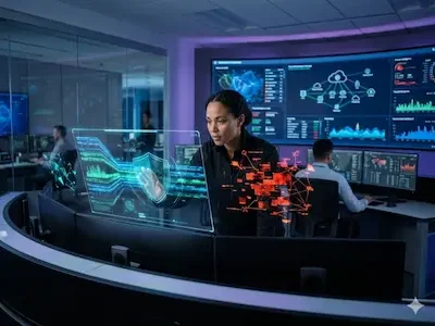 IT-Sicherheitsanalystin überwacht Netzwerkdaten auf digitalen Displays mit Schutzsymbol und markierten Cyberangriffen.