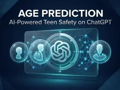 Grafik mit Text „AGE PREDICTION“ und ChatGPT-Logo, umgeben von Nutzer-Silhouetten und Netzwerklinien.