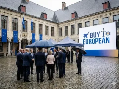 Gruppe von Politikern auf regennassem Hof vor EU-Flaggen und großem „Buy European“-Schild.