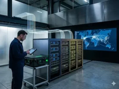 Techniker mit Tablet vor Serverracks; Datenlinien führen zu Weltkarte auf großem Bildschirm.