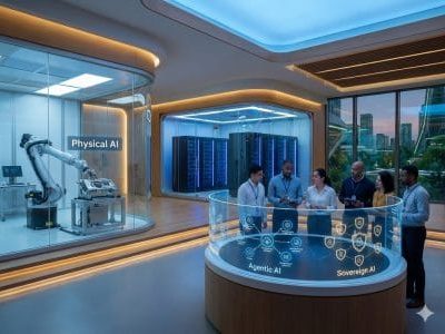 Team steht um interaktiven Tisch mit KI-Diagrammen; im Hintergrund Serverraum und Roboterzelle hinter Glas.