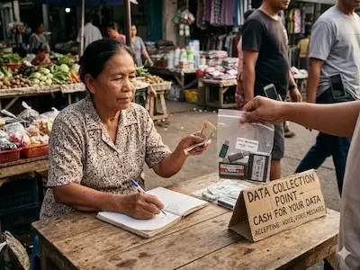 Frau an Marktstand übergibt Smartphone zur Datenerfassung und notiert Informationen in ein Buch