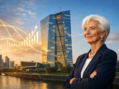 Europäische Zentralbank mit Frau in Anzug und Wachstumsdiagramm über der Skyline