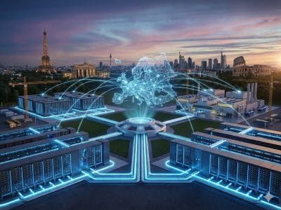 Vernetzte Rechenzentren mit leuchtenden Datenlinien und Europa-Karte vor europäischer Stadtkulisse.