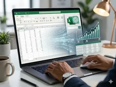 Laptop mit Excel-Tabelle; daneben KI-Interface und wachsendes Diagramm als Visualisierung automatisierter Analyse.