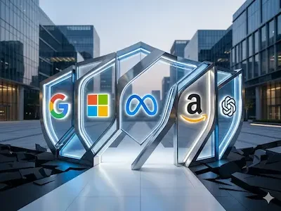 Logos von Google, Microsoft, Meta, Amazon und OpenAI auf futuristischen Schilden in moderner Stadtumgebung.