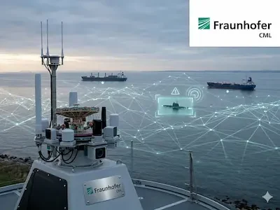 Sensorsystem von Fraunhofer am Meer überwacht Schiffe; digitale Netzlinien markieren ein erfasstes Unterwasserobjekt