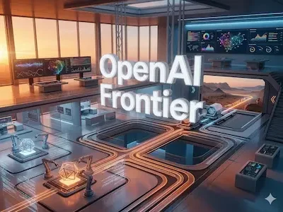 Futuristisches Kontrollzentrum mit Bildschirmen, Datenvisualisierungen und Robotern; zentraler Schriftzug „OpenAI Frontier“.