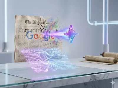 Alte Zeitung mit Google-Logo, aus der digitale Schriftzeichen und Farben hervortreten