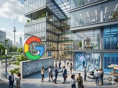 Modernes Büro- und Forschungsgebäude mit großem Google-Logo, Menschen im Austausch und sichtbaren KI-Labor- und Serverräumen.