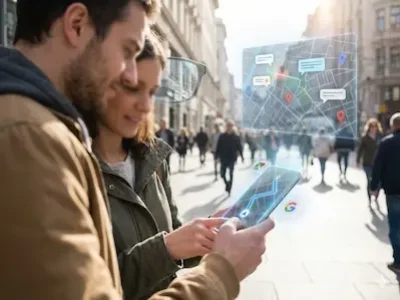 Zwei Personen nutzen auf einer belebten Straße eine Karten-App auf dem Smartphone.