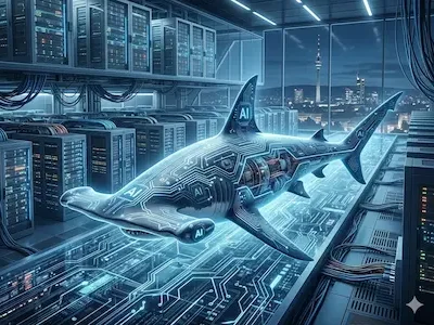 Futuristischer Serverraum mit transparentem Hai als Symbol für KI-Rechenleistung auf digitaler Infrastruktur