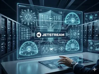 Serverraum mit großem digitalen Dashboard zur KI-Governance; Anzeige von Netzwerken, Sicherheitssymbolen und JetStream-Plattform.