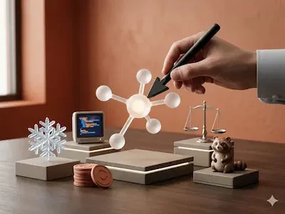 Hand zeigt mit Stift auf Netzwerkmodell; daneben Symbole für Code, Recht, Daten und Anwendungen.