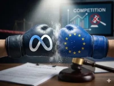 Zwei Boxhandschuhe mit Meta-Logo und EU-Sternen stoßen vor Richterhammer und Diagramm zusammen.