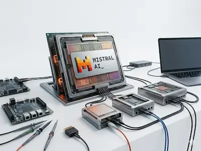 KI-Chip mit Mistral-AI-Logo, verbunden mit Entwicklungsboards und Laptop auf Arbeitstisch.