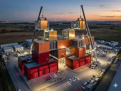 Großes Rechenzentrumsgebäude im Bau bei Abendlicht, mit Kränen und modularen Gebäudeteilen