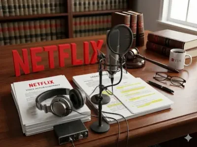 Schreibtisch mit Mikrofon, Kopfhörern, Vertragsunterlagen und rotem Netflix-Schriftzug.