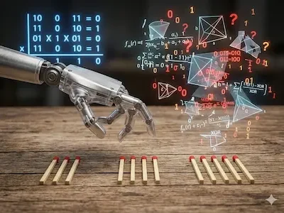 Roboterhand zeigt auf Reihen von Streichhölzern; darüber schweben digitale Formeln und Geometriegrafiken.