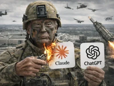 Mann in Tarnuniform hält ChatGPT-Schild und verbrennt Claude-Schild vor Militärgebäuden und Hubschraubern.
