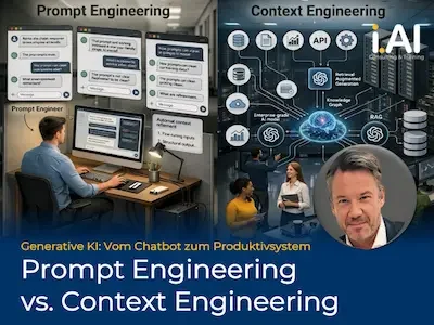 Geteiltes Bild: Links ein Mann an Chat-Fenstern, rechts eine KI-Architekturgrafik mit Porträt von Cameron Wagenknecht, CEO I.AI Consulting