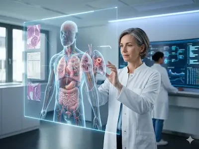 Ärztin bedient holografische Darstellung eines menschlichen Körpers mit Organen und medizinischen Daten in einem digitalen Diagnoseraum.