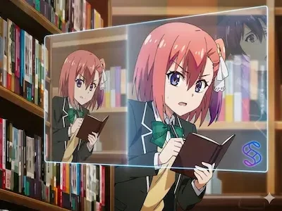 Anime-Figur mit rosa Haaren liest Buch in Bibliothek; daneben vergrößerte, schärfere Version derselben Szene.