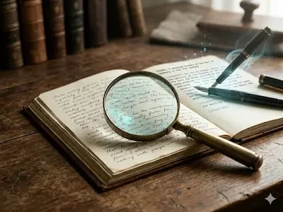 Altes Buch mit Lupe und schwebendem Füller auf Holztisch, Text wird digital analysiert.