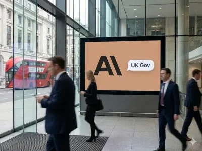 Personen gehen durch ein modernes Foyer; ein großes Display zeigt „AI“ und „UK Gov“, draußen ist ein roter Bus zu sehen.
