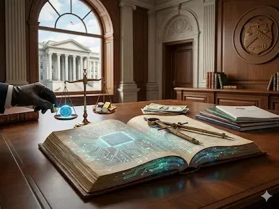 Offenes Buch mit leuchtenden Schaltkreisen auf Tisch in Gerichtssaal, daneben Waage der Justiz