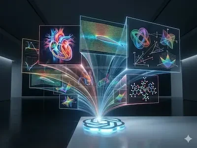 Holografische Diagramme und Formeln steigen aus einer Projektionsfläche und bilden interaktive Visualisierungen.