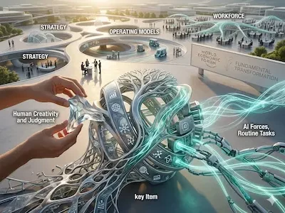 Illustration von Mensch und KI mit vernetzten Strukturen, die Strategie, Arbeit und Prozesse verbinden