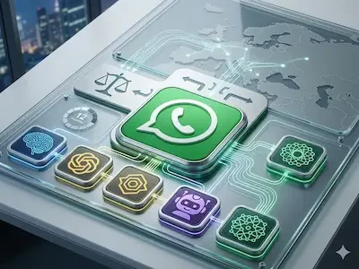 WhatsApp-Logo zentral, verbunden mit KI-Symbolen und Weltkarte auf futuristischem Interface.