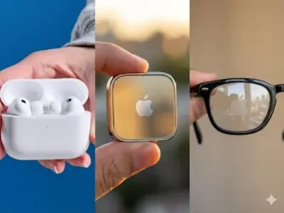 Drei Apple-Geräte: AirPods im Case, quadratisches Modul mit Logo und Brille mit Apple-Logo