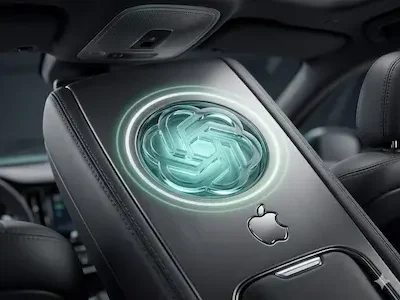 ChatGPT-Symbol und Apple-Logo auf Mittelkonsole eines Autos als Darstellung für KI-Sprachfunktionen im Fahrzeug