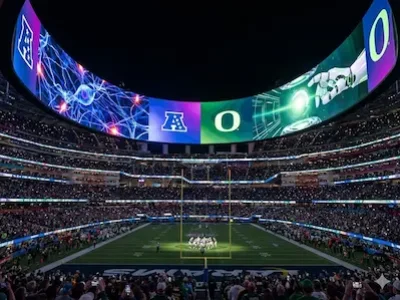 American-Football-Stadion mit großem, ringförmigem Videobildschirm über dem Spielfeld und dicht besetzten Rängen.