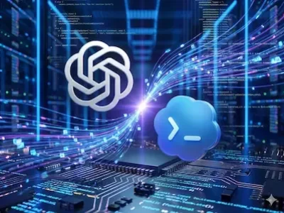 OpenAI-Logo über Chip, Datenströme zwischen Serverracks und Terminal-Symbol