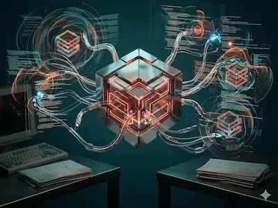 Leuchtender Datenwürfel mit angeschlossenen Kabeln und Codeanzeigen, verbunden mit mehreren digitalen Modulen.